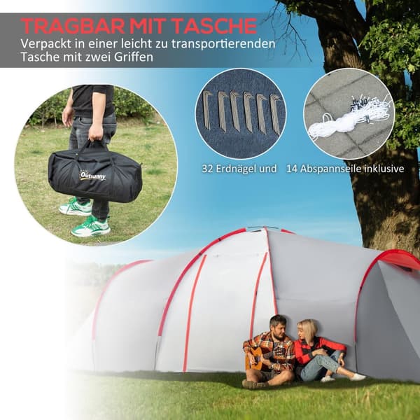 Campingtelt, tunneltelt for 6 personer med 2 soverom, stue, vestibyle, vindtett UV50+ familietelt med bæreveske, 2000mm vannavvisende for camping, hag