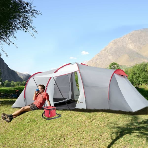 Campingtelt, tunneltelt for 6 personer med 2 soverom, stue, vestibyle, vindtett UV50+ familietelt med bæreveske, 2000mm vannavvisende for camping, hag