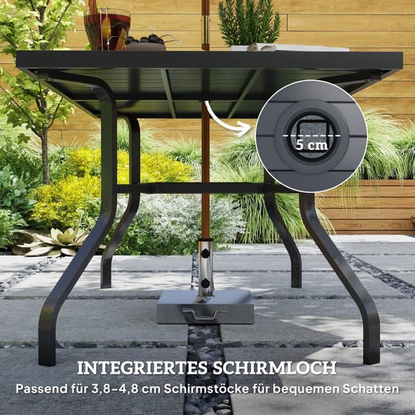 Trädgårdsbord 152x90 cm, väderbeständigt balkongbord av stål, sidobord med paraplyhål, ribbad design utomhusmatbord, campingbord, rektangulärt uteplat