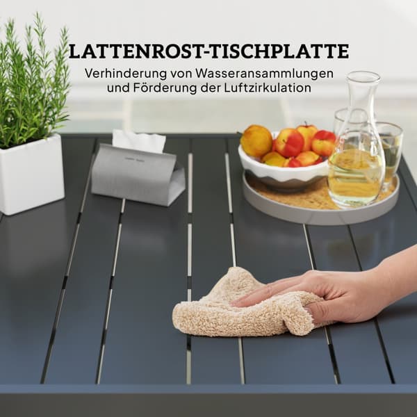 Trädgårdsbord 152x90 cm, väderbeständigt balkongbord av stål, sidobord med paraplyhål, ribbad design utomhusmatbord, campingbord, rektangulärt uteplat
