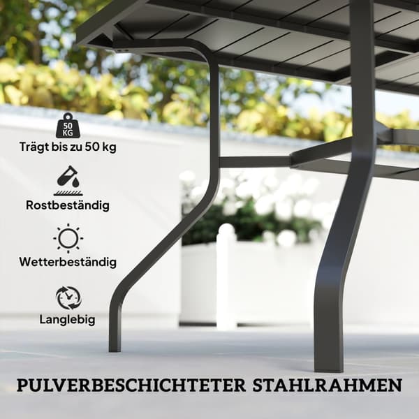 Trädgårdsbord 152x90 cm, väderbeständigt balkongbord av stål, sidobord med paraplyhål, ribbad design utomhusmatbord, campingbord, rektangulärt uteplat