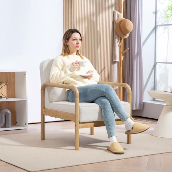 Lenestol Stue Salongstol med armlener, treben, stort og tykt sete, avslapningsstol Lesestol med putepute, Bouclé Look, polstret stol for soverom Hvit