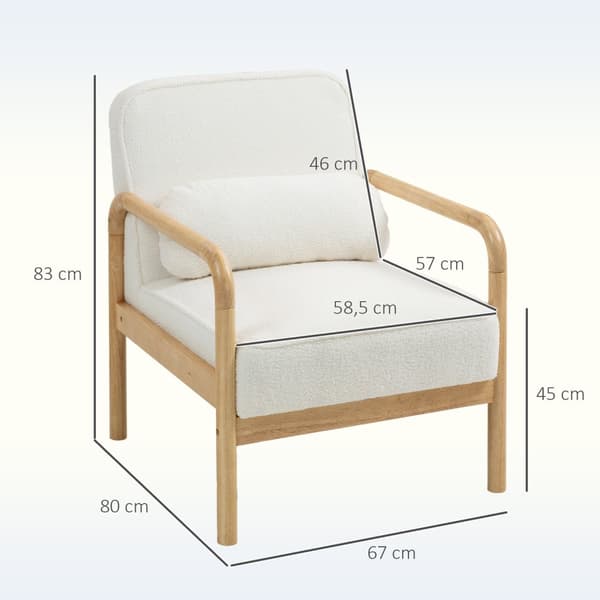 Lenestol Stue Salongstol med armlener, treben, stort og tykt sete, avslapningsstol Lesestol med putepute, Bouclé Look, polstret stol for soverom Hvit