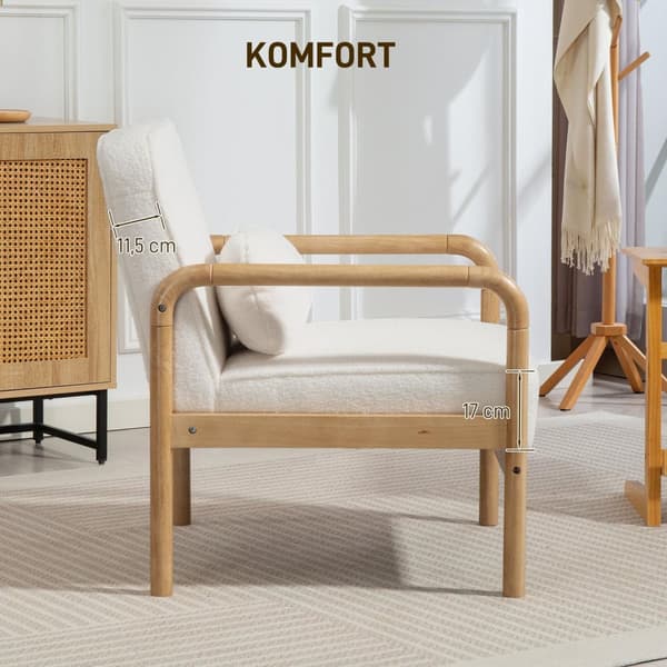 Lenestol Stue Salongstol med armlener, treben, stort og tykt sete, avslapningsstol Lesestol med putepute, Bouclé Look, polstret stol for soverom Hvit