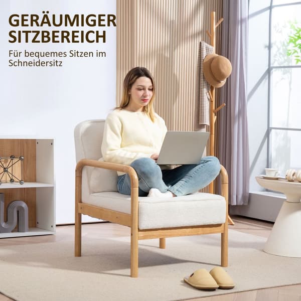 Lenestol Stue Salongstol med armlener, treben, stort og tykt sete, avslapningsstol Lesestol med putepute, Bouclé Look, polstret stol for soverom Hvit