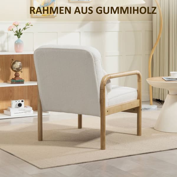 Lenestol Stue Salongstol med armlener, treben, stort og tykt sete, avslapningsstol Lesestol med putepute, Bouclé Look, polstret stol for soverom Hvit