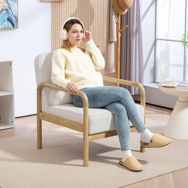 Lenestol Stue Salongstol med armlener, treben, stort og tykt sete, avslapningsstol Lesestol med putepute, Bouclé Look, polstret stol for soverom Hvit