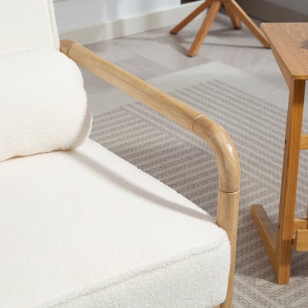 Lenestol Stue Salongstol med armlener, treben, stort og tykt sete, avslapningsstol Lesestol med putepute, Bouclé Look, polstret stol for soverom Hvit