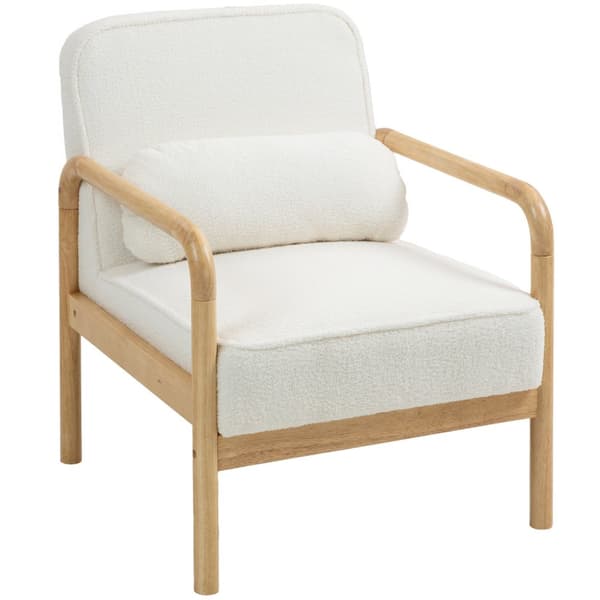 Lenestol Stue Salongstol med armlener, treben, stort og tykt sete, avslapningsstol Lesestol med putepute, Bouclé Look, polstret stol for soverom Hvit