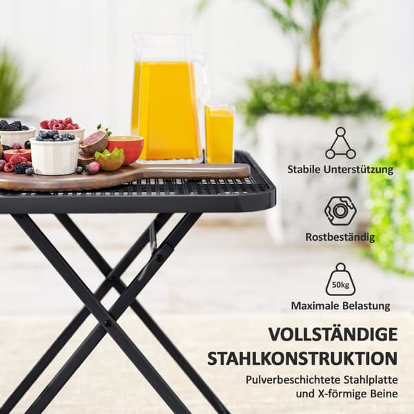 Sammenleggbart hagebord 70 x 70 cm, værbestandig balkongbord, stål sammenleggbart bord med utskjæring, utendørs spisebord, firkantet sidebord, terrass