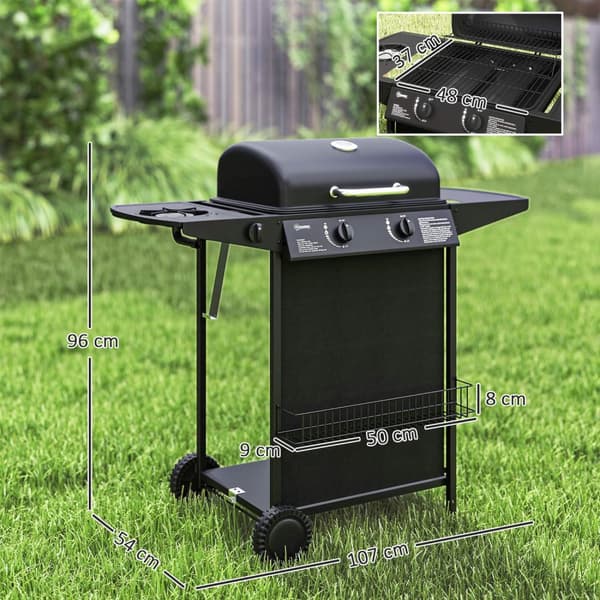Gassgrill 7 KW grillvogn inkludert 3 brennere sidekomfyr rull trykkreduserende lokk gasslange 2 varmesoner termometer sidehyller, BBQ hagegrill til ba