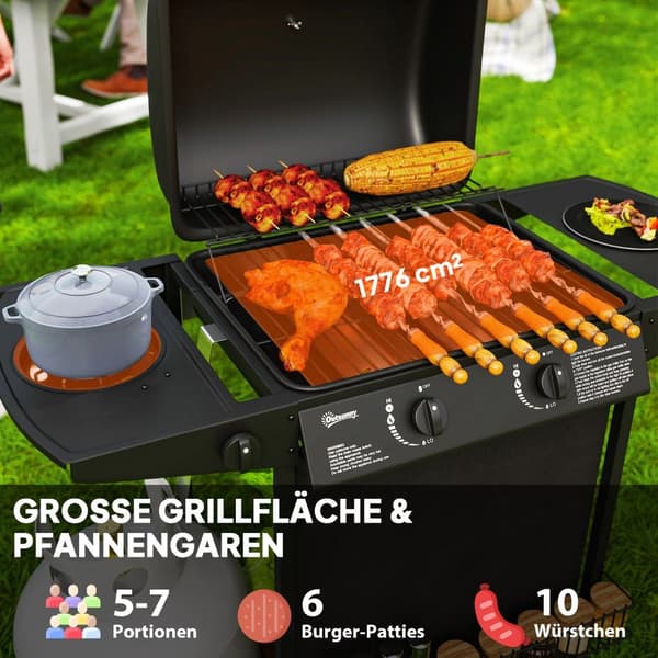 Gassgrill 7 KW grillvogn inkludert 3 brennere sidekomfyr rull trykkreduserende lokk gasslange 2 varmesoner termometer sidehyller, BBQ hagegrill til ba
