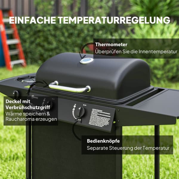 Gasgrill 7 KW grillvogn inkl. 3 brændere sidekomfur rulle trykreduktion låg gasslange 2 varmezoner termometer sidehylder, BBQ havegrill til altan, gri