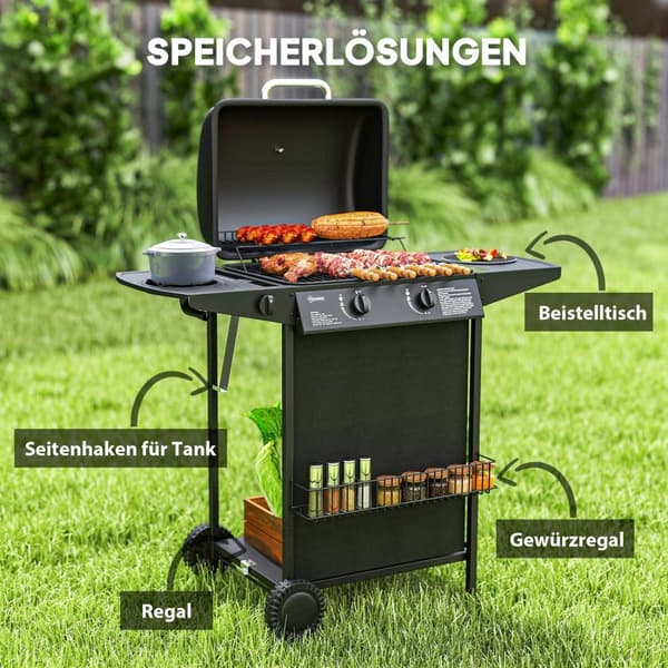Gassgrill 7 KW grillvogn inkludert 3 brennere sidekomfyr rull trykkreduserende lokk gasslange 2 varmesoner termometer sidehyller, BBQ hagegrill til ba