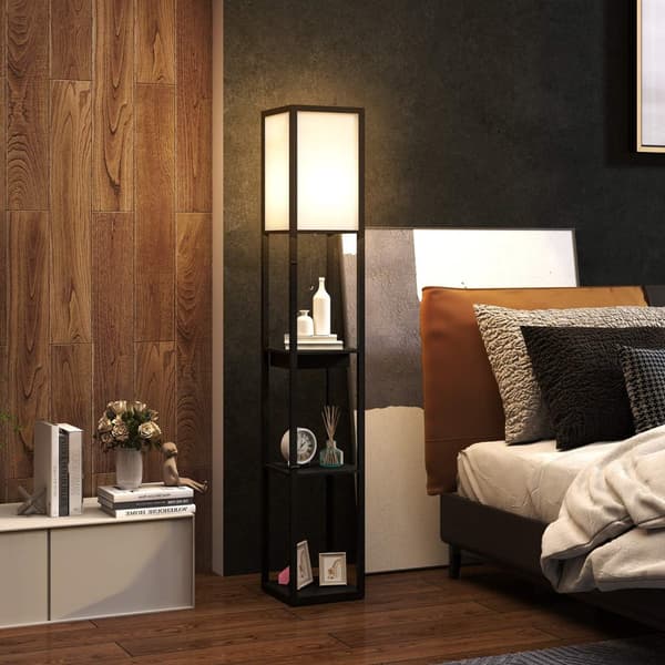 Gulvlampe, standerlampe med 3 rum, E27 sokkel, standerlampe med stof lampeskærm, USB-A, USB-C porte til stue, hvid + sort, ekskl. pære |