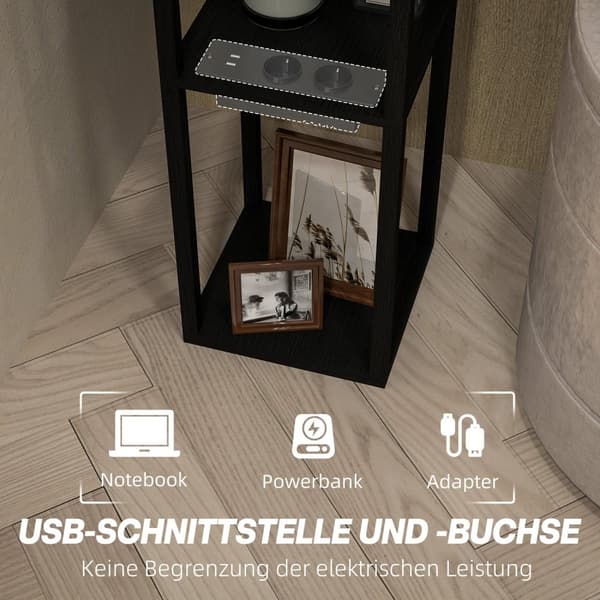 Gulvlampe, standerlampe med 3 rum, E27 sokkel, standerlampe med stof lampeskærm, USB-A, USB-C porte til stue, hvid + sort, ekskl. pære |