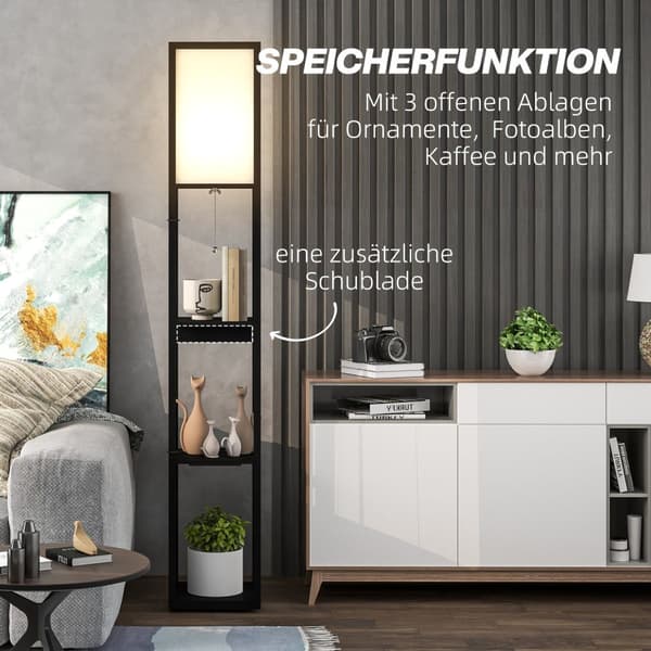 Gulvlampe, standerlampe med 3 rum, E27 sokkel, standerlampe med stof lampeskærm, USB-A, USB-C porte til stue, hvid + sort, ekskl. pære |