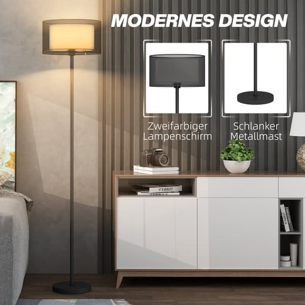 Golvlampa, golvlampa med E27-sockel, tvåfärgad tyglampskärm, golvlampa med fotkontakt, golvlampa för vardagsrum, sovrum, exklusive glödlampa, svart |