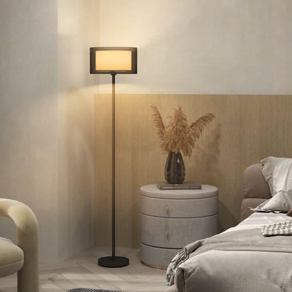 Golvlampa, golvlampa med E27-sockel, tvåfärgad tyglampskärm, golvlampa med fotkontakt, golvlampa för vardagsrum, sovrum, exklusive glödlampa, svart |