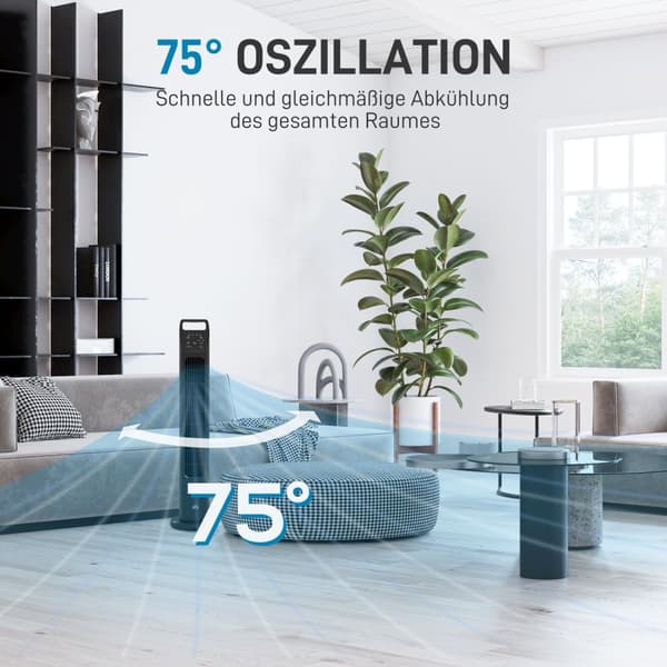 Tårnventilator, piedestalventilator med 3 tilstande, fjernbetjening, 50W ventilator med 4H timer, 75° oscillation, til soveværelse, sort |