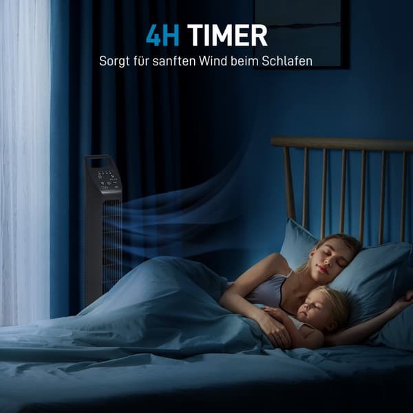 Tårnventilator, piedestalventilator med 3 tilstande, fjernbetjening, 50W ventilator med 4H timer, 75° oscillation, til soveværelse, sort |