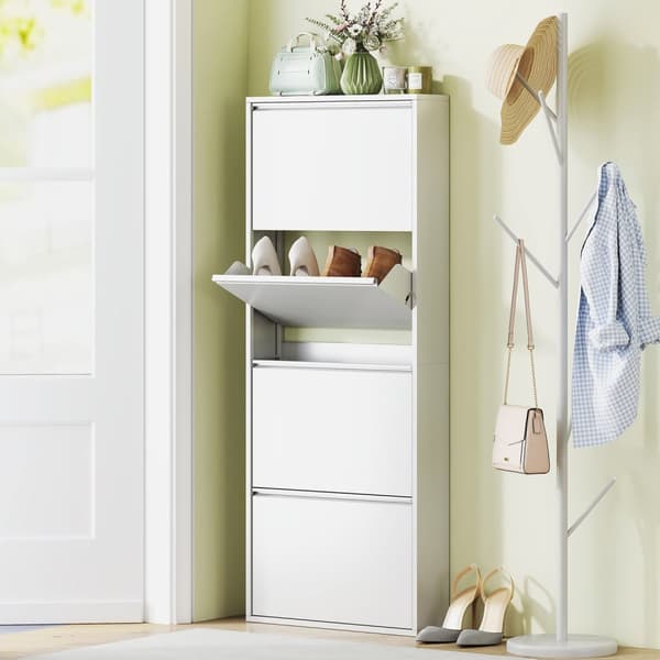 Skoskap Metall med 4 klaffer Skotipper Slank for 8 par sko Skostativ Skobryst Skostativ Veggmontert for inngangsparti Gang 55 x 15 x 139,5 cm Hvit |
