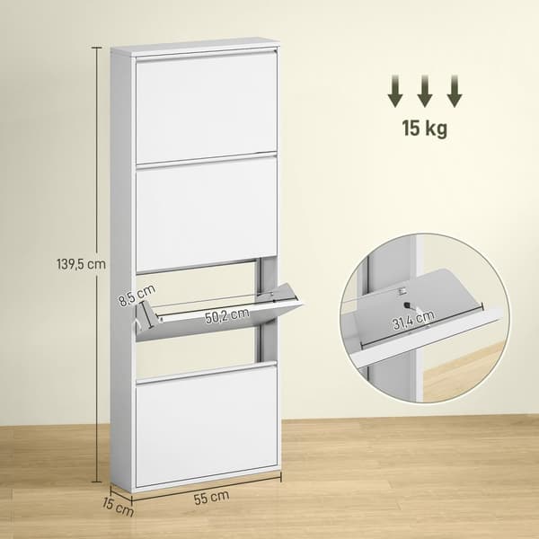 Skoskap Metall med 4 klaffer Skotipper Slank for 8 par sko Skostativ Skobryst Skostativ Veggmontert for inngangsparti Gang 55 x 15 x 139,5 cm Hvit |