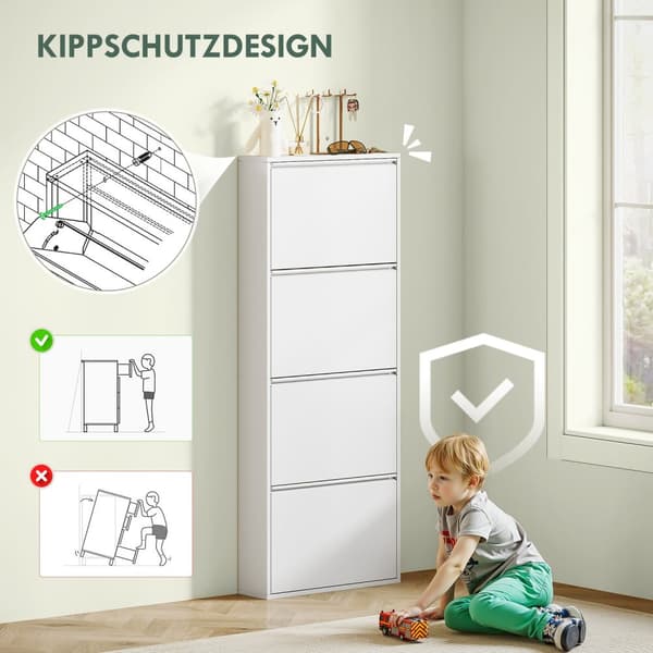 Skoskap Metall med 4 klaffer Skotipper Slank for 8 par sko Skostativ Skobryst Skostativ Veggmontert for inngangsparti Gang 55 x 15 x 139,5 cm Hvit |