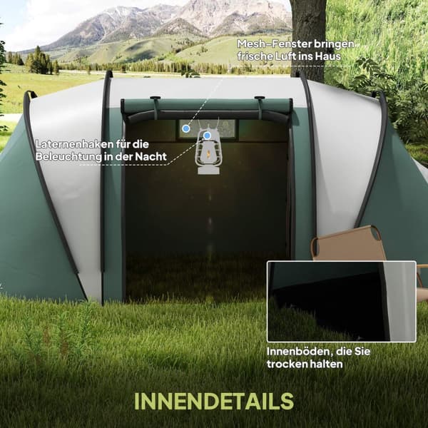 Campingtält för 4-5 personer, lätt, vattenavvisande familjetält med 2 rums sidofönster, tält med 3000 mm vattenpelare, tunneltält, kupoltält för campi