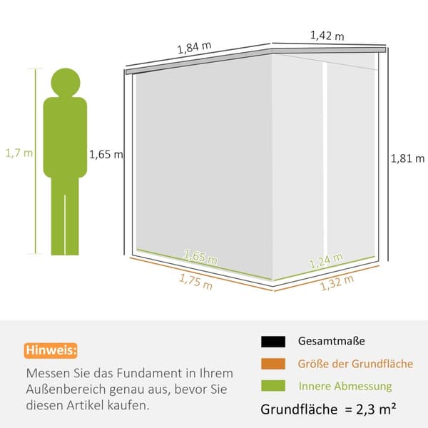 Verktøyskur i metall 2,3m² 142x184x181cm Verktøyskur med fundament Pent Takvindu Låsbare dørhansker Værbestandig hageskur Utendørs hageskur for hageba