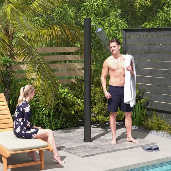Solbruser 35 liter solar havebruser med vandhane, brusehoved, håndbruser, sidebakke, op til 55 °C, udendørs bruser uden strømtilslutning, poolbruser,