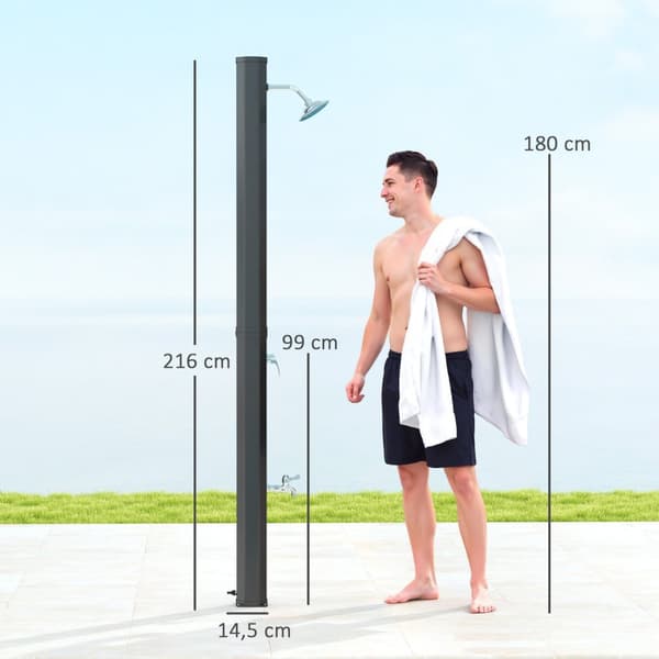 Solbruser 35 liter solar havebruser med vandhane, brusehoved, håndbruser, sidebakke, op til 55 °C, udendørs bruser uden strømtilslutning, poolbruser,