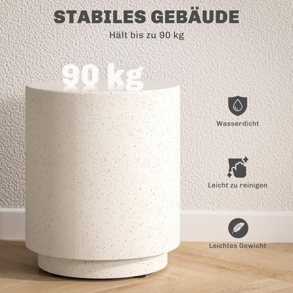 Sidebord, stuebord med steinlook, salongbord, sofabord, salongbord til stue, hage Ø37 ​​​​x 43 cm, kremhvit |