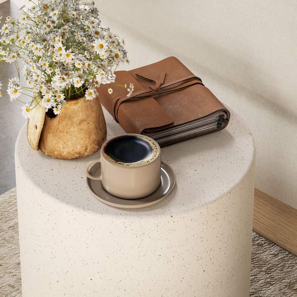 Sidebord, stuebord med steinlook, salongbord, sofabord, salongbord til stue, hage Ø37 x 43 cm, kremhvit |