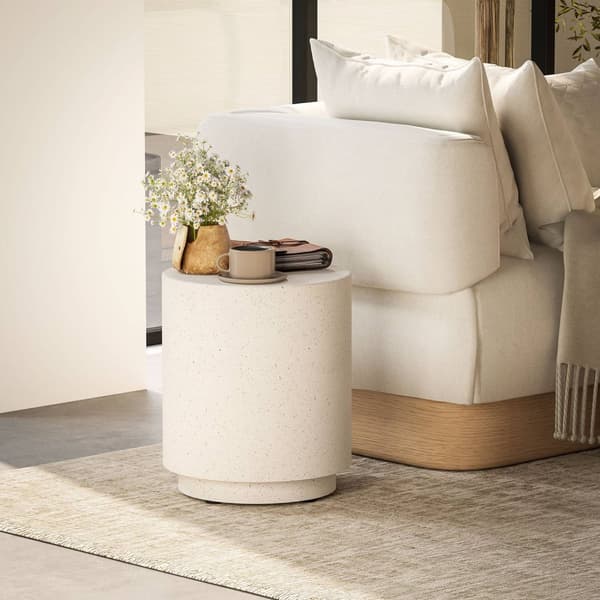 Sidebord, stuebord med steinlook, salongbord, sofabord, salongbord til stue, hage Ø37 ​​​​x 43 cm, kremhvit |