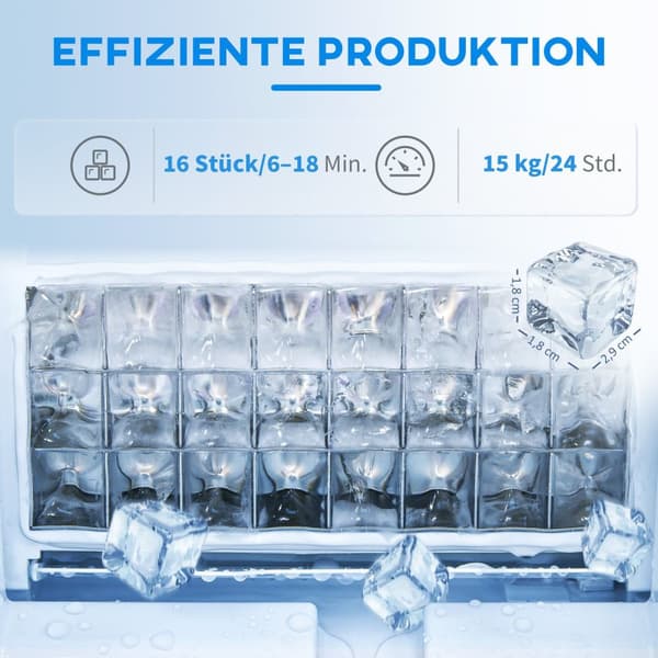 Isterningmaskine 15 kg/24h Isterningmaskine med 1,5 L vandtank, skovl, isbeholder Isterningmaskine med LED Display Sort 22 x 30 x 33 cm |