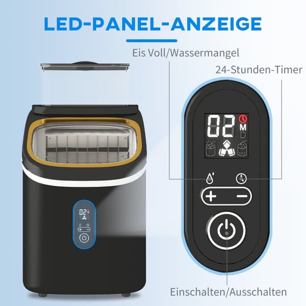 Isterningmaskine 15 kg/24h Isterningmaskine med 1,5 L vandtank, skovl, isbeholder Isterningmaskine med LED Display Sort 22 x 30 x 33 cm |