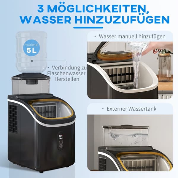 Isterningmaskine 15 kg/24h Isterningmaskine med 1,5 L vandtank, skovl, isbeholder Isterningmaskine med LED Display Sort 22 x 30 x 33 cm |