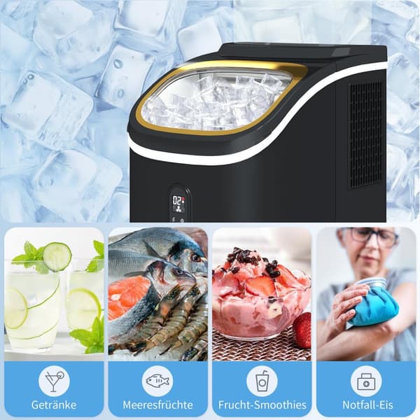 Isterningmaskine 15 kg/24h Isterningmaskine med 1,5 L vandtank, skovl, isbeholder Isterningmaskine med LED Display Sort 22 x 30 x 33 cm |