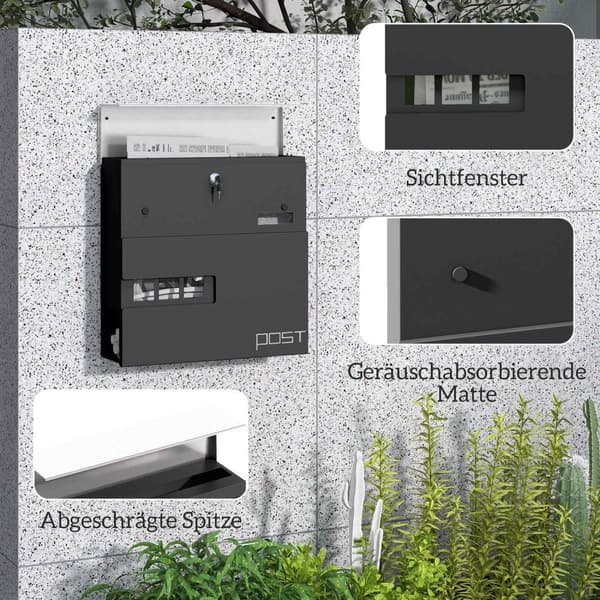 Postkasse veggpostkasse av stål med utsiktsvindu, lås, kobberkjerne, postkasse for utendørs, 37 x 10,5 x 37 cm, mørkegrå |