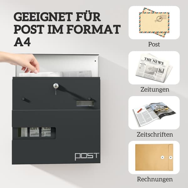 Postkasse veggpostkasse av stål med utsiktsvindu, lås, kobberkjerne, postkasse for utendørs, 37 x 10,5 x 37 cm, mørkegrå |
