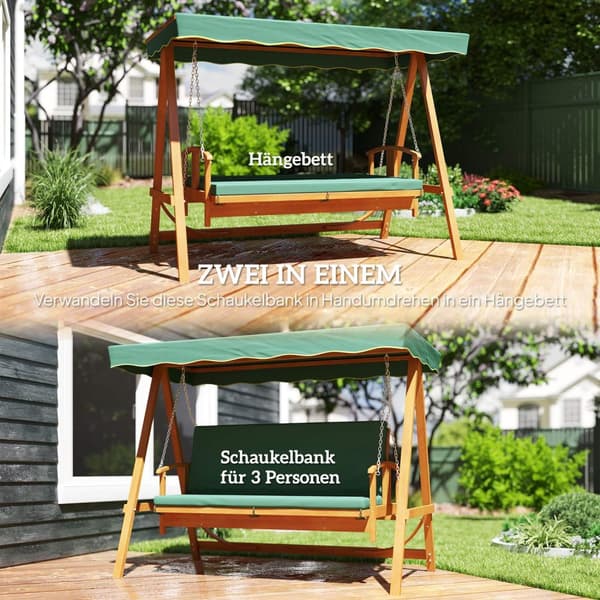 2-i-1 Hollywood-huske med liggefunksjon, 3-seters hagehuske laget av tre, trehuske med setepute for solseil, huskebenk opptil 330 kg, for hage, terras