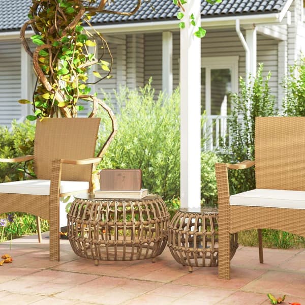 Sett med 2 sidebord polyrattan Ø66/42 cm rundt værbestandig hagebord med glassplate utendørs balkongbord salongbord hagemøbler til hage, balkong brun