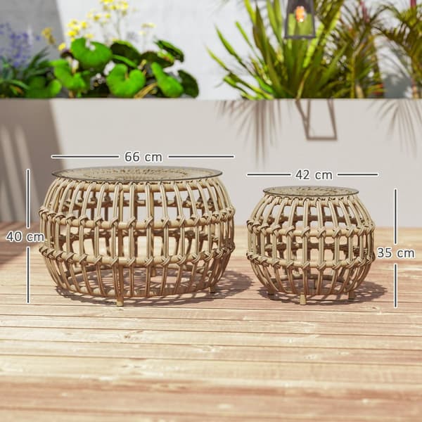 Sett med 2 sidebord polyrattan Ø66/42 cm rundt værbestandig hagebord med glassplate utendørs balkongbord salongbord hagemøbler til hage, balkong brun