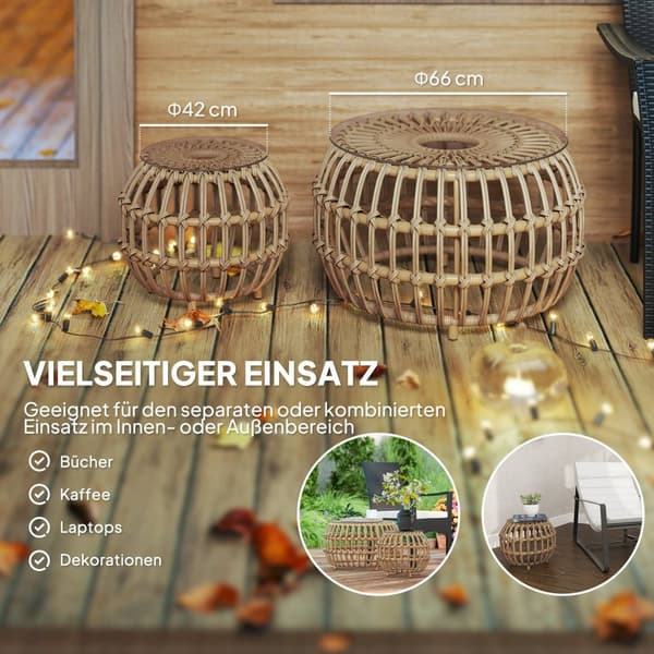 Sett med 2 sidebord polyrattan Ø66/42 cm rundt værbestandig hagebord med glassplate utendørs balkongbord salongbord hagemøbler til hage, balkong brun