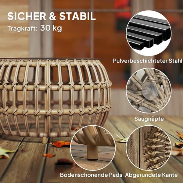 Sett med 2 sidebord polyrattan Ø66/42 cm rundt værbestandig hagebord med glassplate utendørs balkongbord salongbord hagemøbler til hage, balkong brun