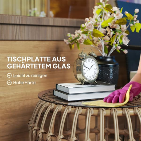 Sett med 2 sidebord polyrattan Ø66/42 cm rundt værbestandig hagebord med glassplate utendørs balkongbord salongbord hagemøbler til hage, balkong brun