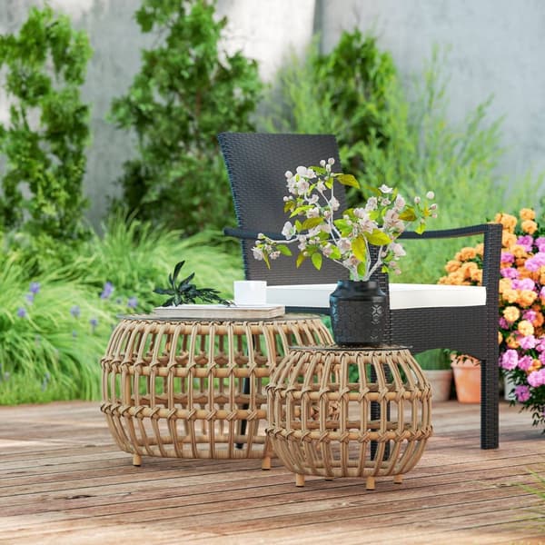 Sett med 2 sidebord polyrattan Ø66/42 cm rundt værbestandig hagebord med glassplate utendørs balkongbord salongbord hagemøbler til hage, balkong brun