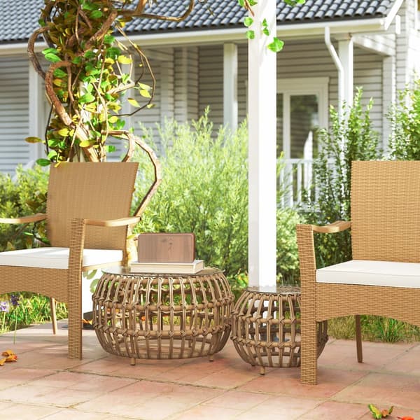 Sett med 2 sidebord polyrattan Ø66/42 cm rundt værbestandig hagebord med glassplate utendørs balkongbord salongbord hagemøbler til hage, balkong brun