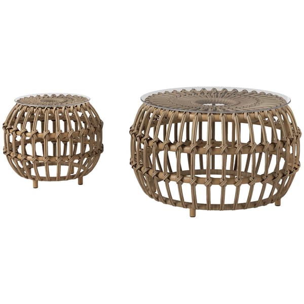 Sett med 2 sidebord polyrattan Ø66/42 cm rundt værbestandig hagebord med glassplate utendørs balkongbord salongbord hagemøbler til hage, balkong brun